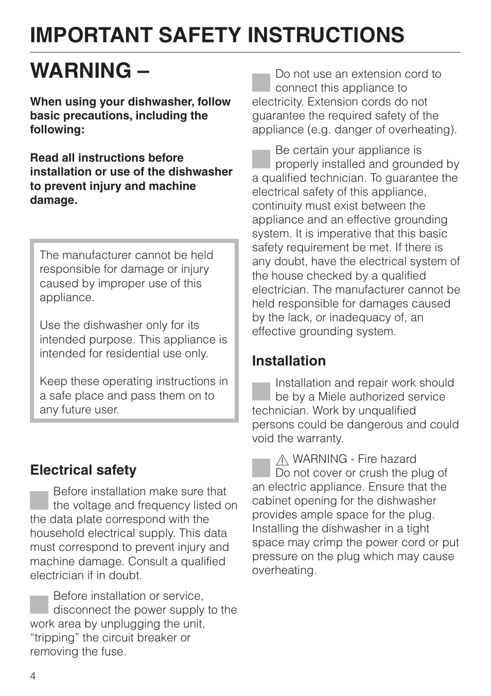 Important safety instructions 4, Important safety instructions, Warning | Miele G892SC User Manual | Page 4 / 52