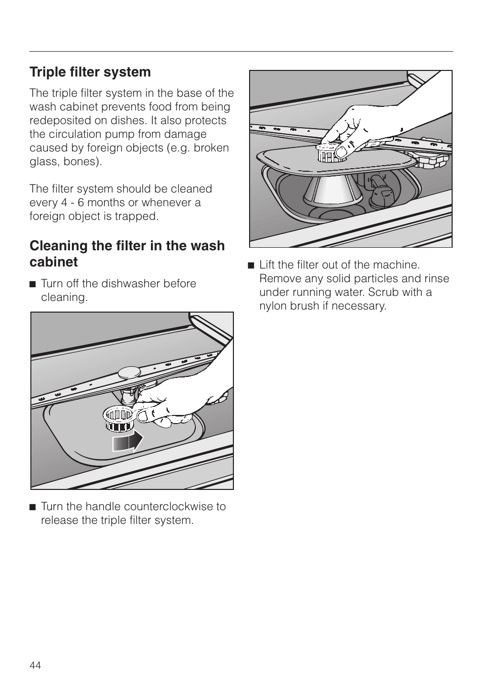 Cleaning the filter in the wash cabinet 44, Cleaning the filter in the wash cabinet, Triple filter system | Miele G892SC User Manual | Page 44 / 52