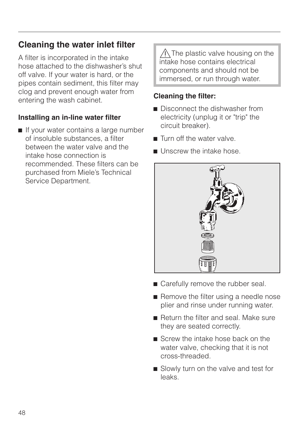 Cleaning the water inlet filter 48, Cleaning the water inlet filter | Miele G892SC User Manual | Page 48 / 52