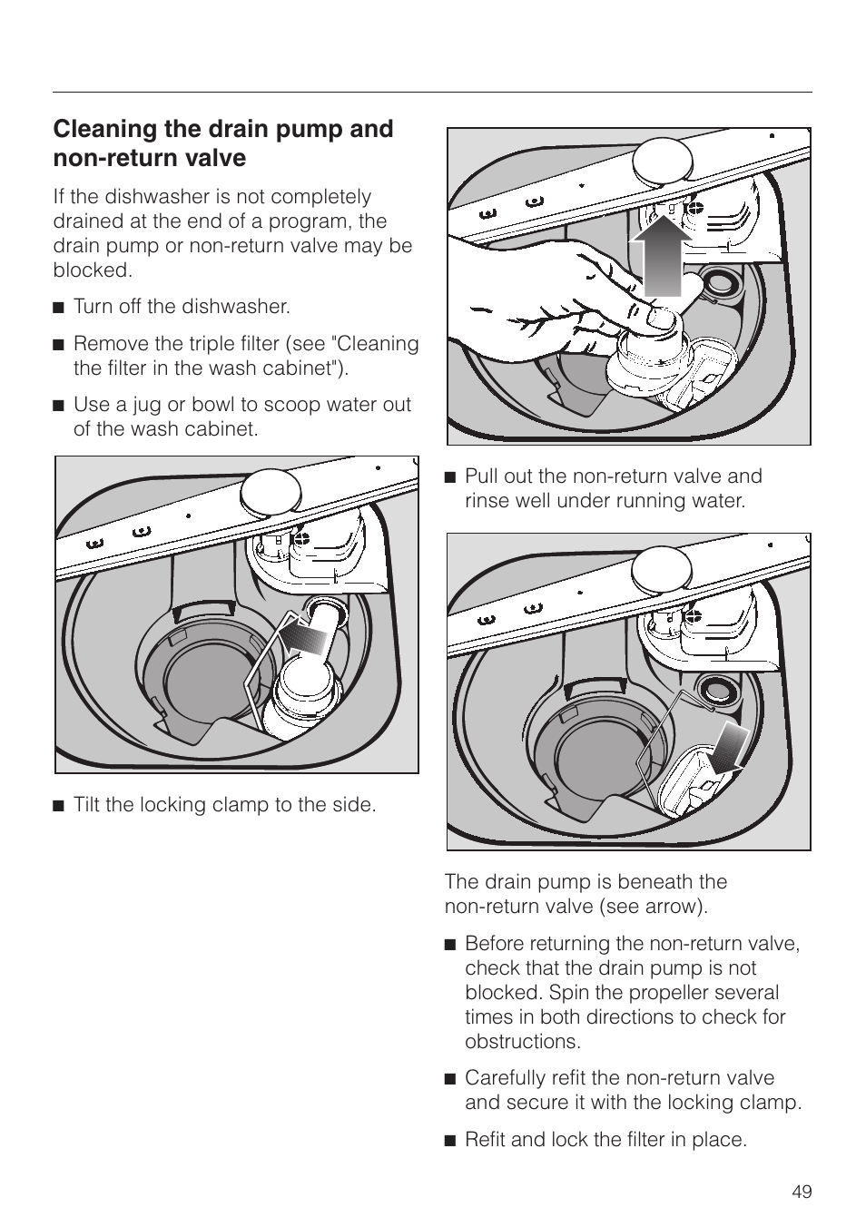 Cleaning the drain pump and non-return valve 49, Cleaning the drain pump and non-return valve | Miele G892SC User Manual | Page 49 / 52