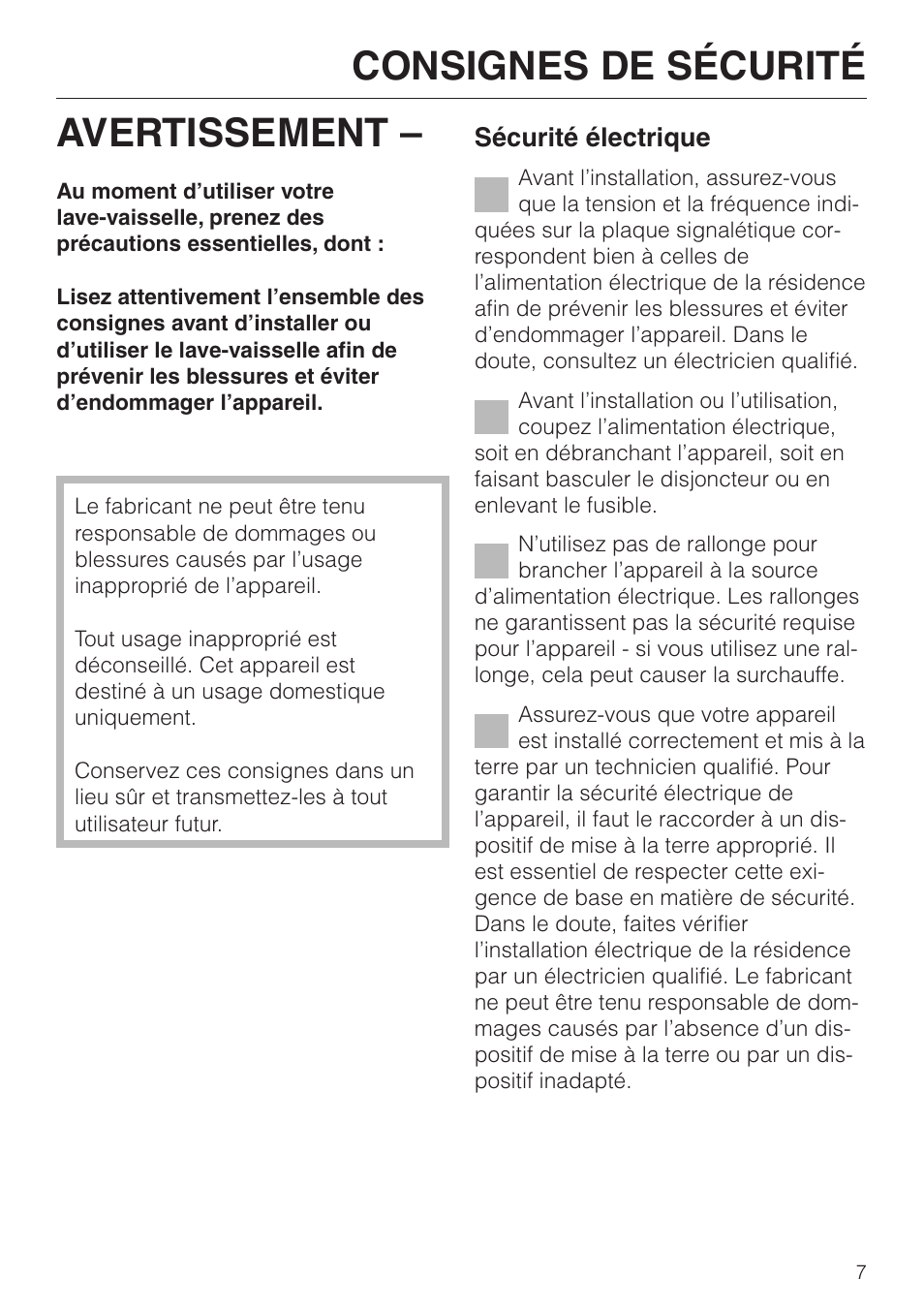 Consignes de sécurité 7, Consignes de sécurité, Avertissement | Miele G892SC User Manual | Page 7 / 52