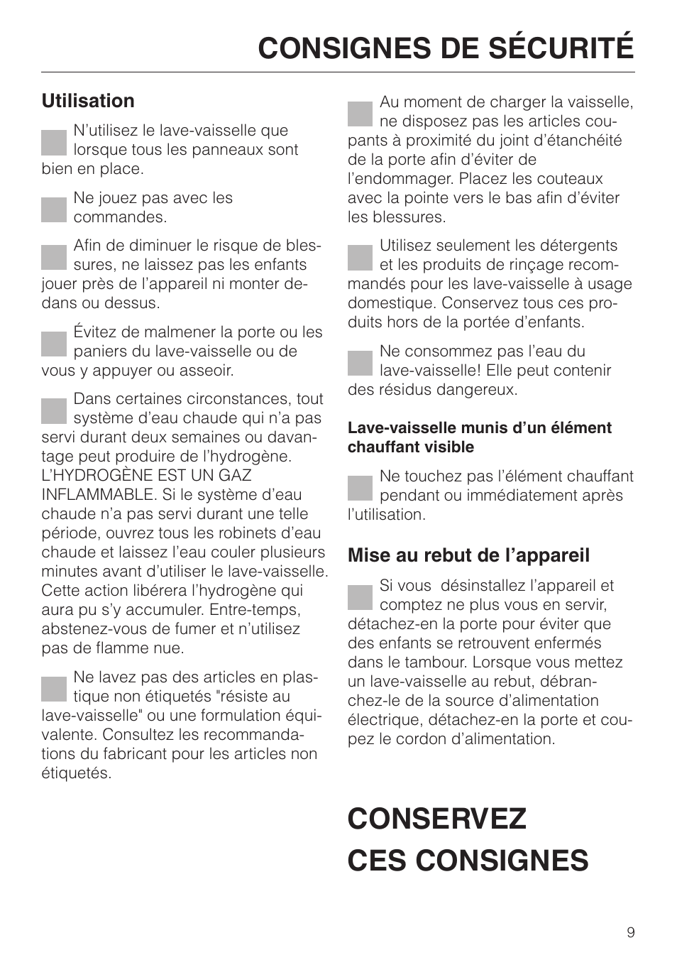 Conservez ces consignes consignes de sécurité | Miele G892SC User Manual | Page 9 / 52