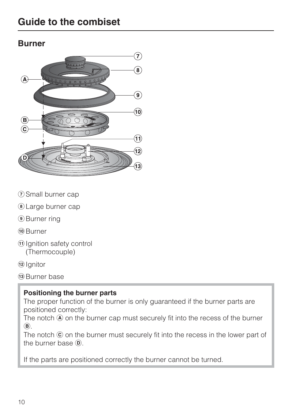 Burner 10, Guide to the combiset, Burner | Miele GAS COMBISET CS 1011 User Manual | Page 10 / 48