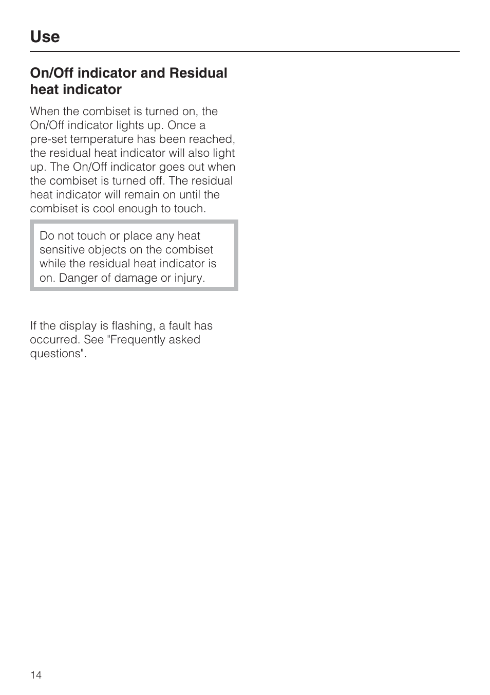 On/off indicator and residual heat indicator 14 | Miele GAS COMBISET CS 1011 User Manual | Page 14 / 48