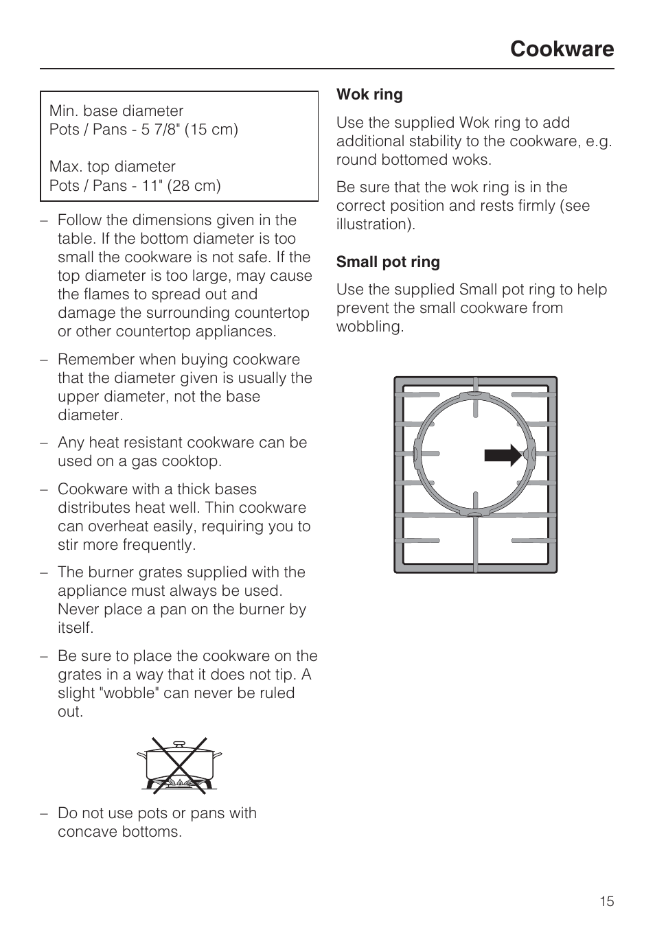 Cookware 15, Cookware | Miele GAS COMBISET CS 1011 User Manual | Page 15 / 48