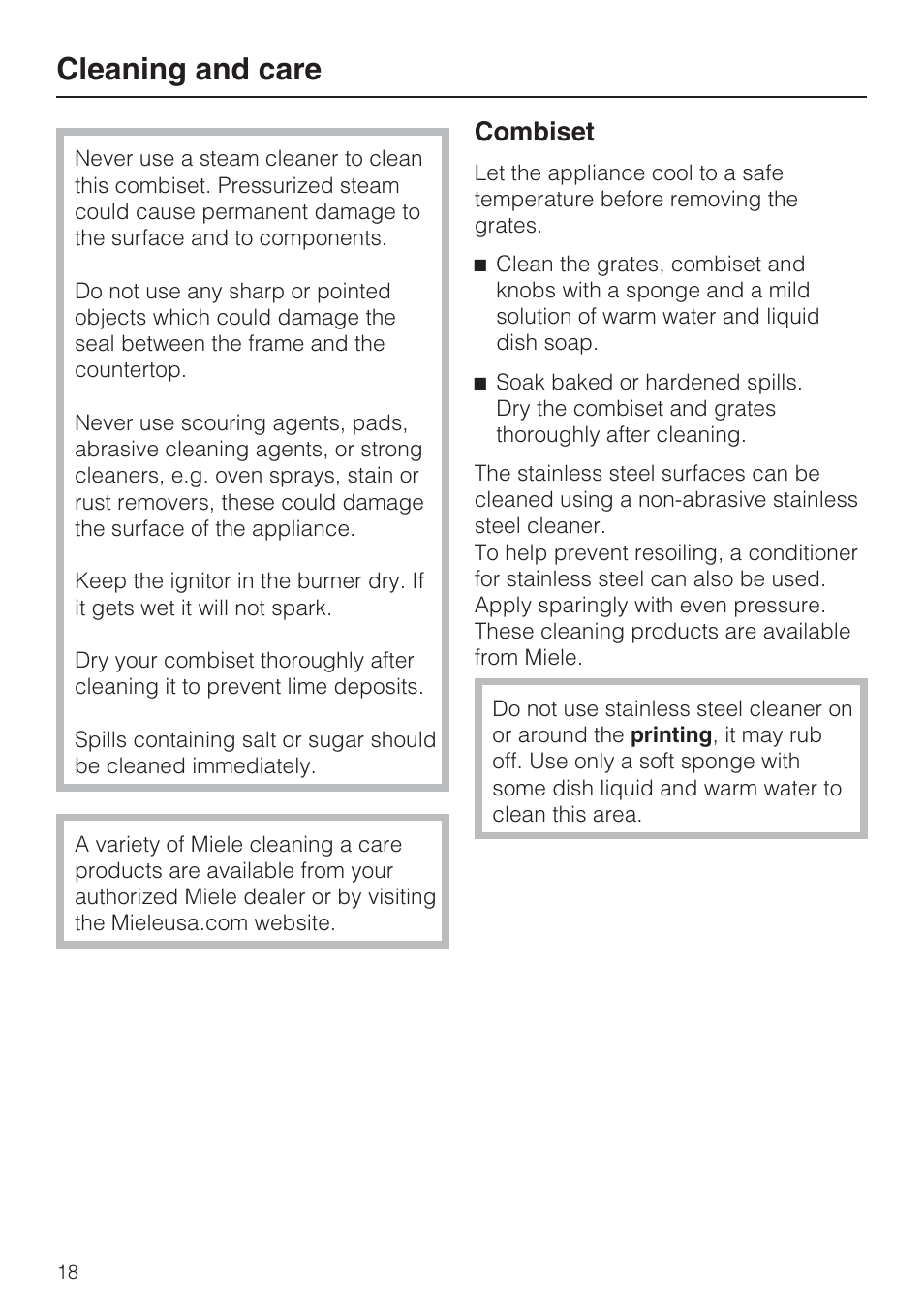 Cleaning and care 18, Cleaning and care, Combiset | Miele GAS COMBISET CS 1011 User Manual | Page 18 / 48