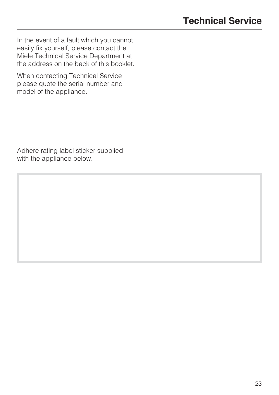 Technical service 23, Technical service | Miele GAS COMBISET CS 1011 User Manual | Page 23 / 48