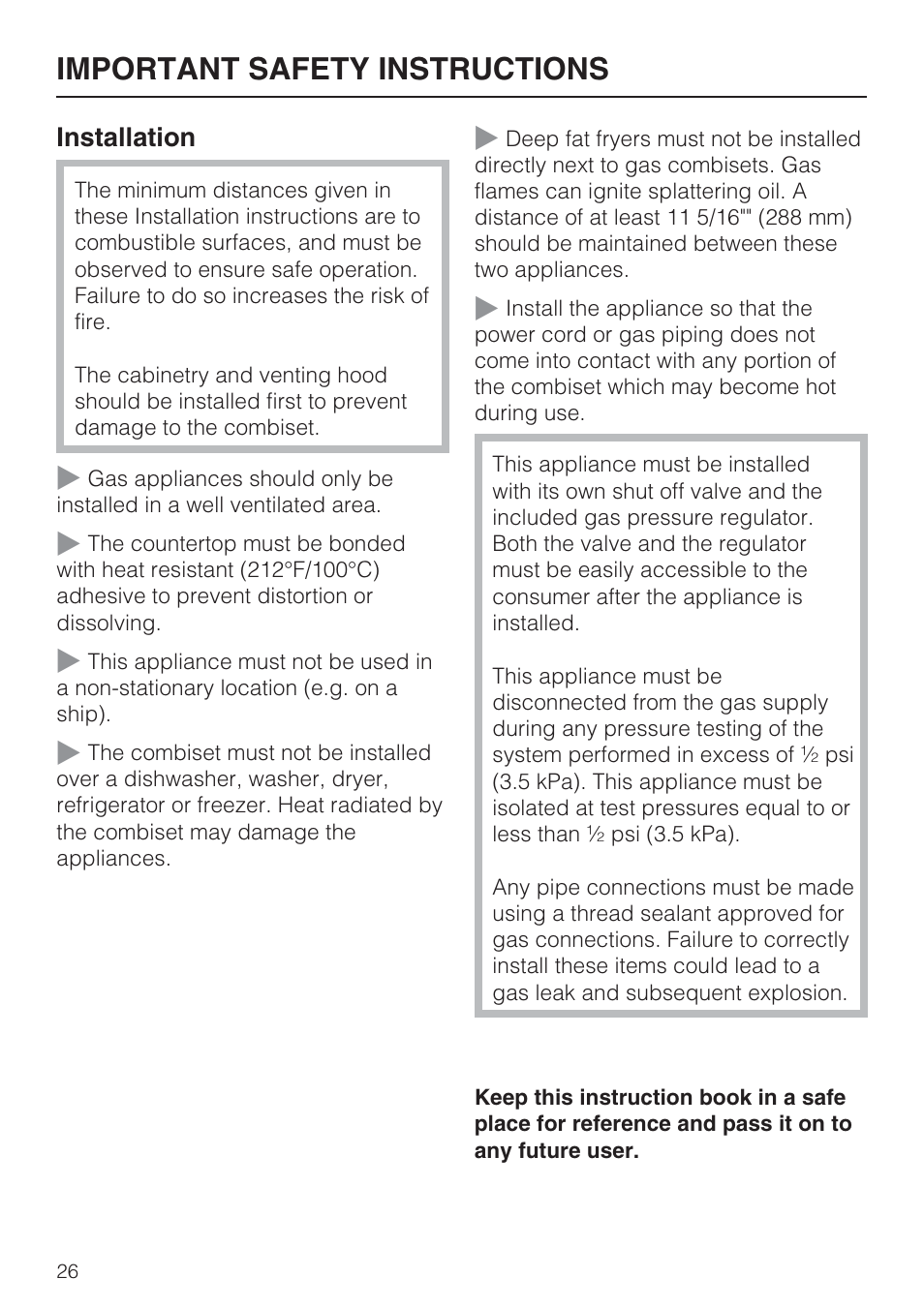 Important safety instructions 26, Important safety instructions | Miele GAS COMBISET CS 1011 User Manual | Page 26 / 48