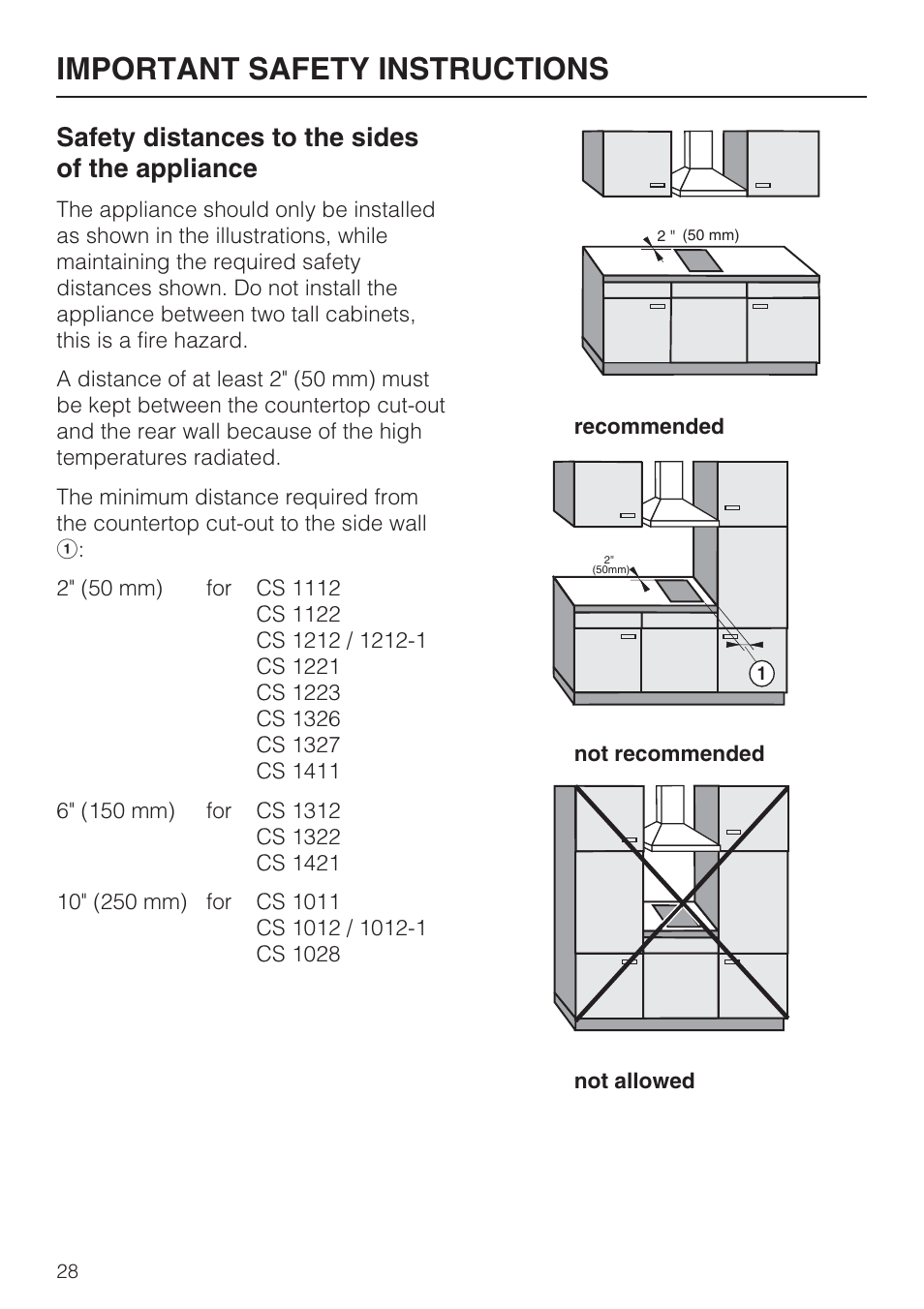 Important safety instructions, Safety distances to the sides of the appliance | Miele GAS COMBISET CS 1011 User Manual | Page 28 / 48