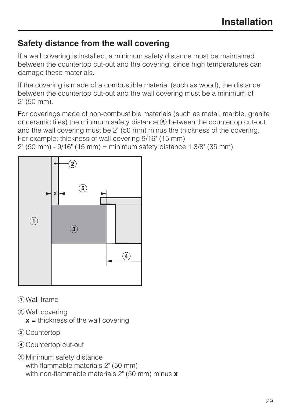 Installation 29, Installation, Safety distance from the wall covering | Miele GAS COMBISET CS 1011 User Manual | Page 29 / 48