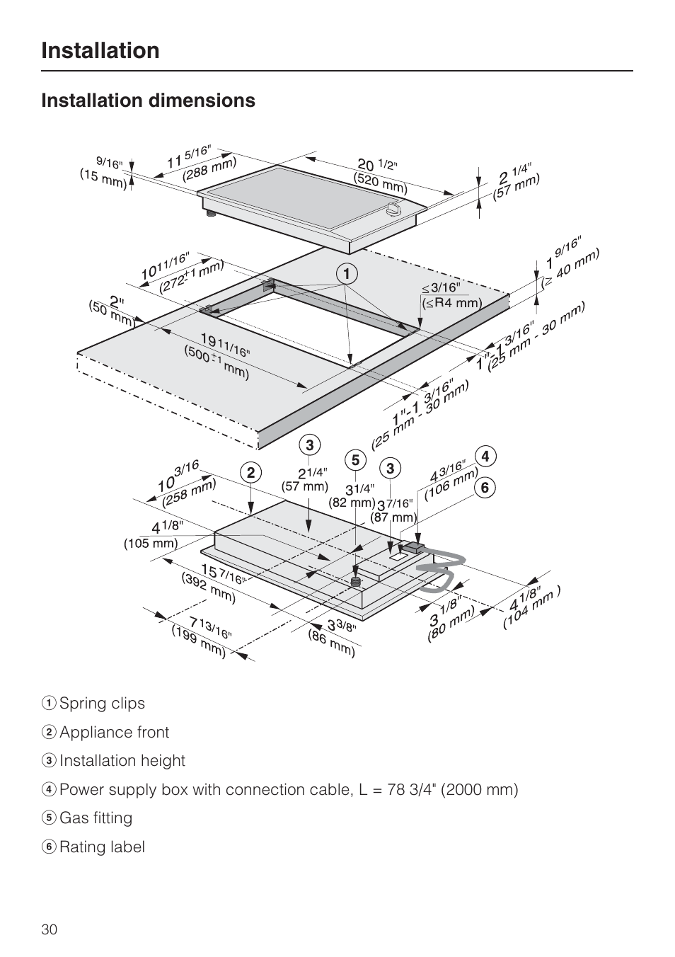 Installation dimensions 30, Installation, Installation dimensions | Miele GAS COMBISET CS 1011 User Manual | Page 30 / 48