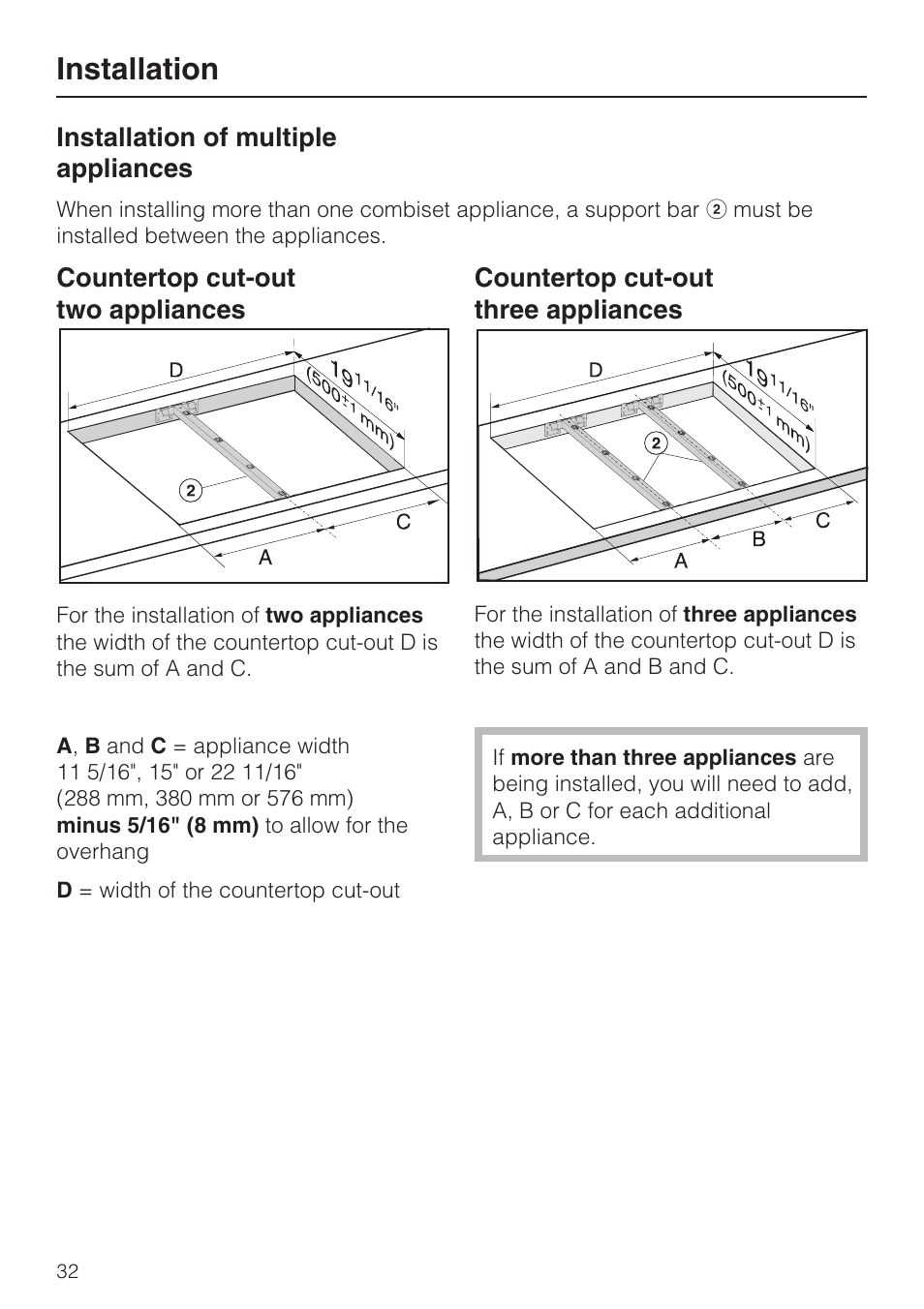 Installation of multiple appliances 32, Installation | Miele GAS COMBISET CS 1011 User Manual | Page 32 / 48