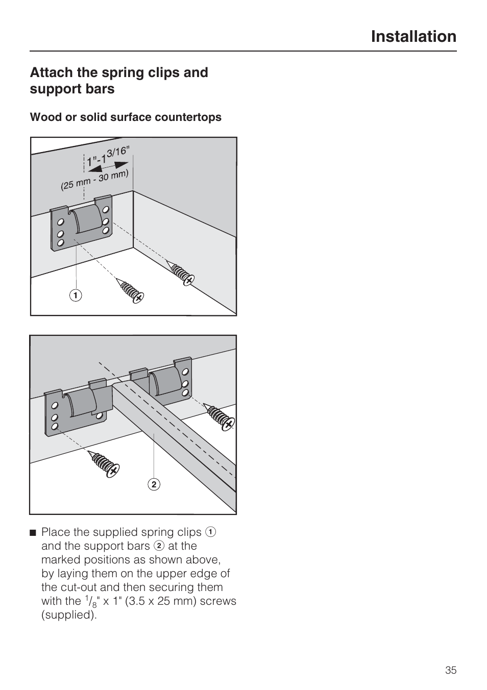 Attach the spring clips and support bars 35, Installation, Attach the spring clips and support bars | Miele GAS COMBISET CS 1011 User Manual | Page 35 / 48