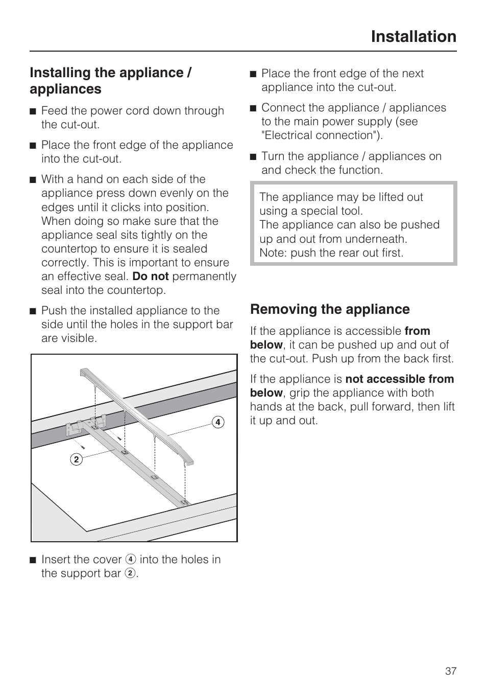 Installing the appliance / appliances 37, Removing the appliance 37, Installation | Installing the appliance / appliances, Removing the appliance | Miele GAS COMBISET CS 1011 User Manual | Page 37 / 48