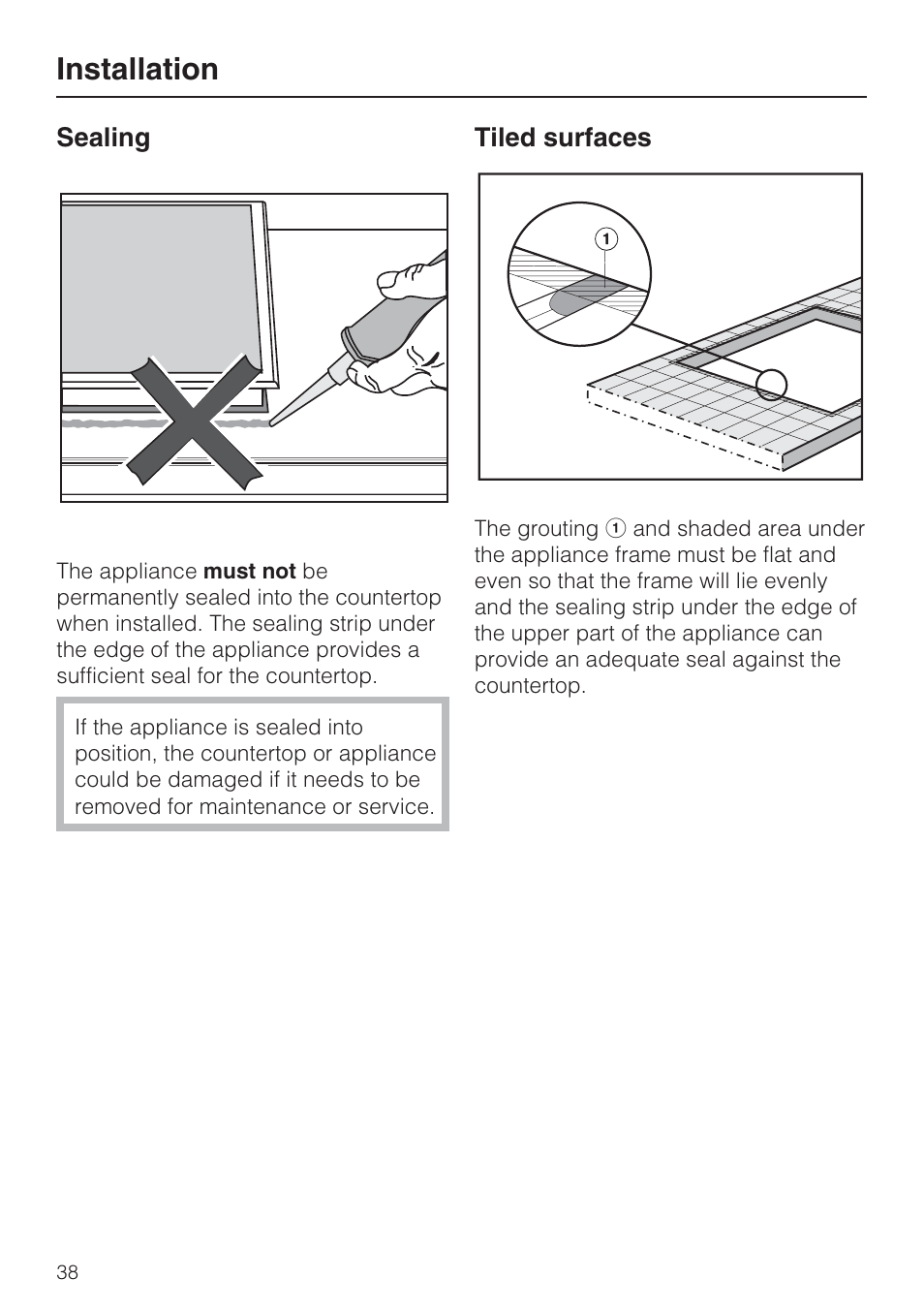 Sealing 38, Tiled surfaces 38, Installation | Miele GAS COMBISET CS 1011 User Manual | Page 38 / 48