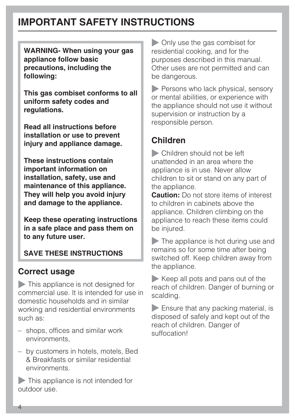 Important safety instructions 4, Important safety instructions | Miele GAS COMBISET CS 1011 User Manual | Page 4 / 48