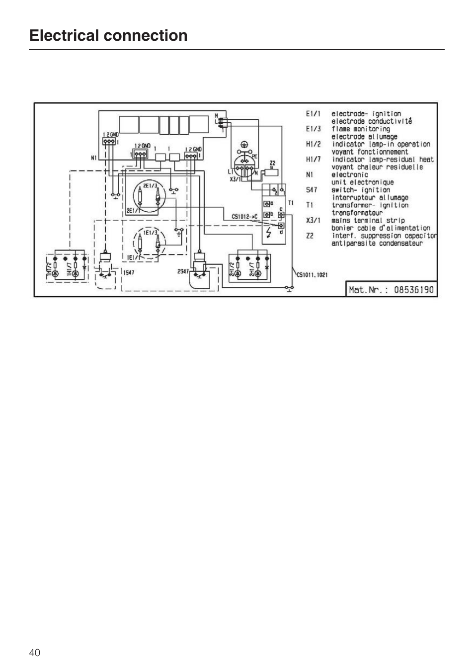 Electrical connection | Miele GAS COMBISET CS 1011 User Manual | Page 40 / 48