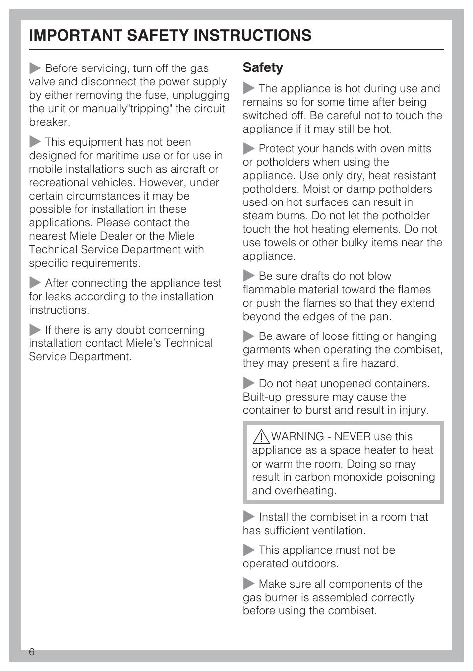 Important safety instructions | Miele GAS COMBISET CS 1011 User Manual | Page 6 / 48