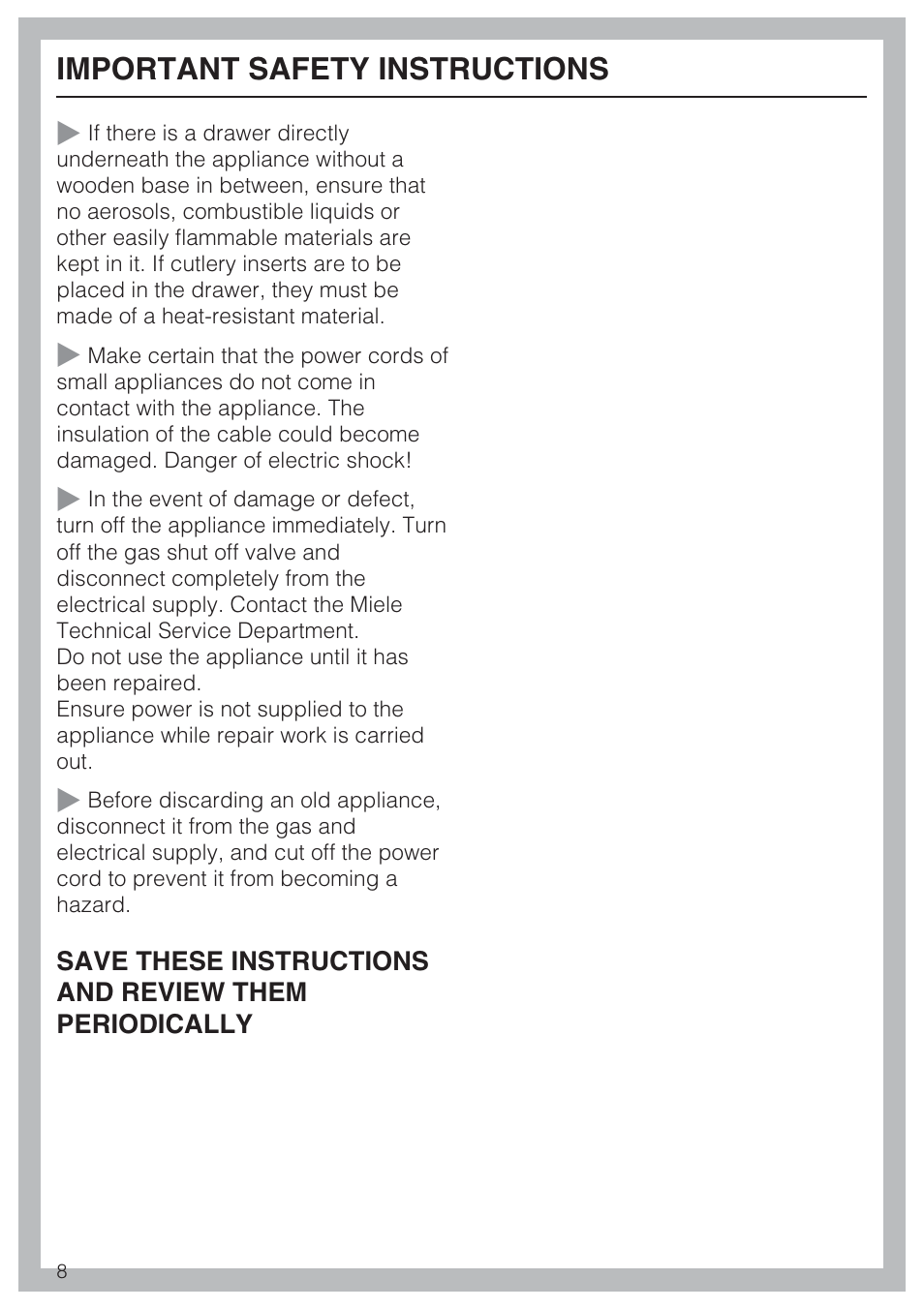 Important safety instructions | Miele GAS COMBISET CS 1011 User Manual | Page 8 / 48