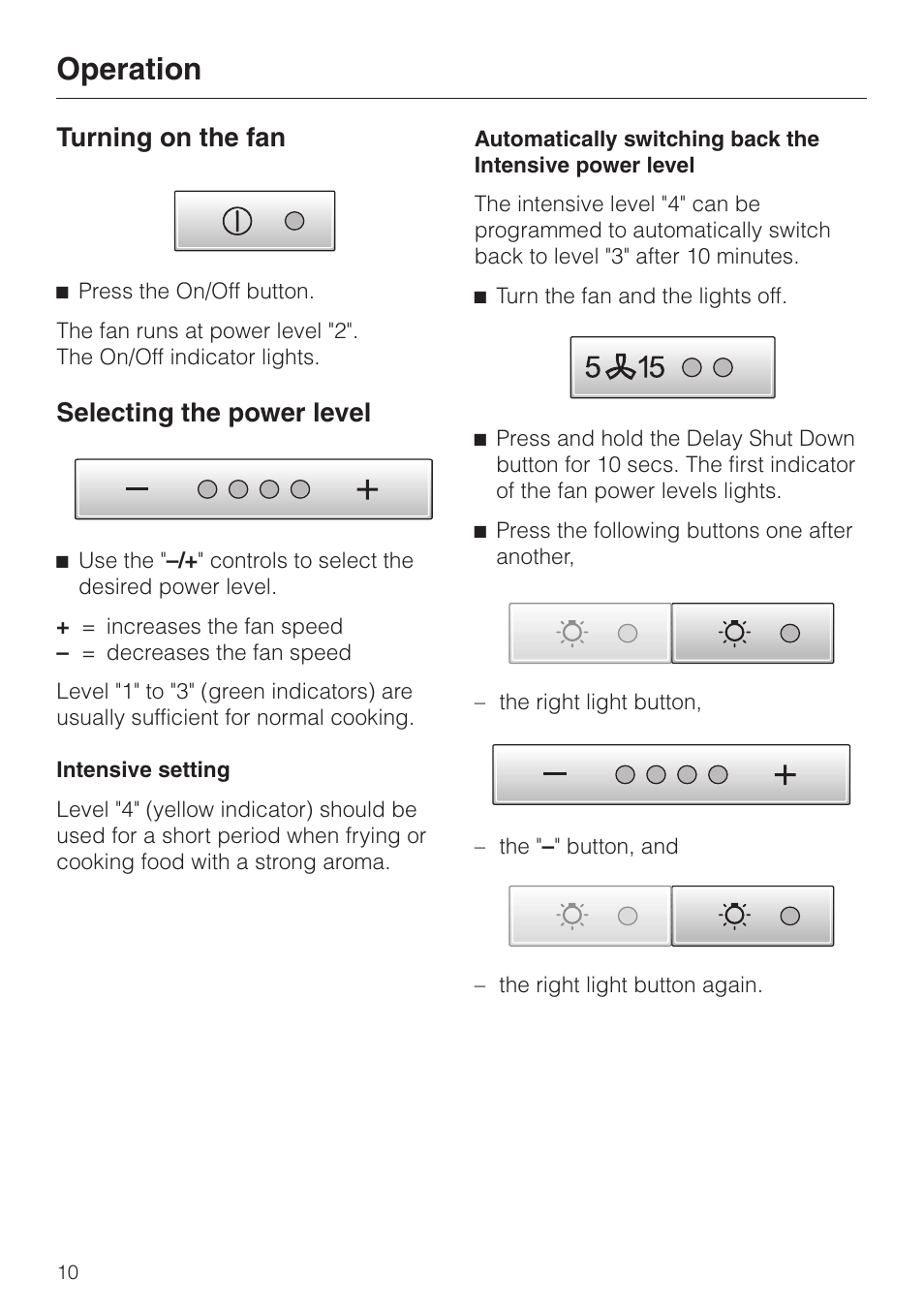 Operation 10, Turning on the fan 10, Selecting the power level 10 | Operation, Turning on the fan, Selecting the power level | Miele DA251-4 User Manual | Page 10 / 36