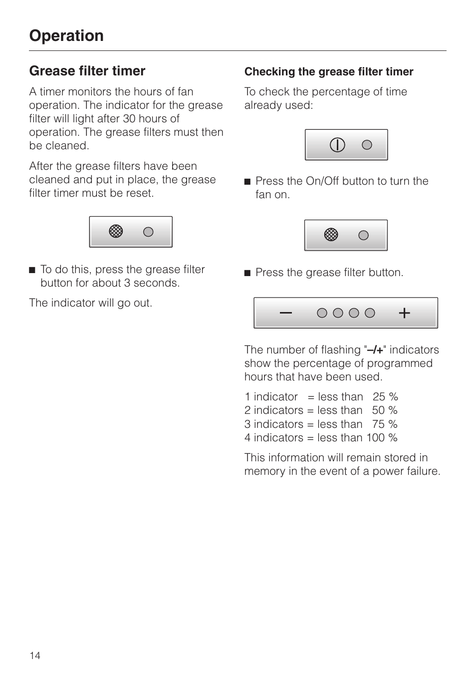 Grease filter timer 14, Operation, Grease filter timer | Miele DA251-4 User Manual | Page 14 / 36