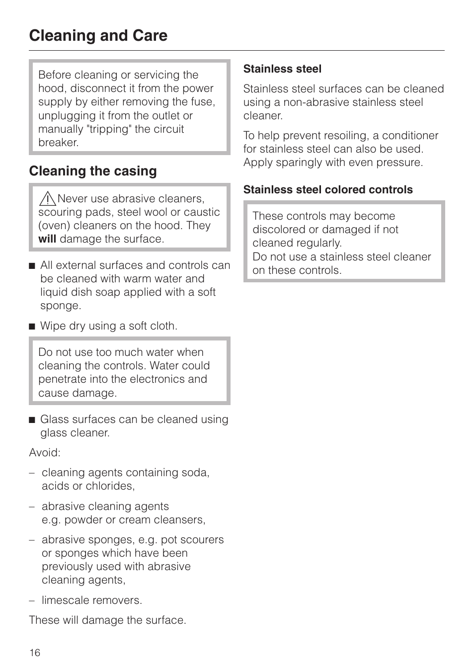 Cleaning and care 16, Cleaning the casing 16, Cleaning and care | Cleaning the casing | Miele DA251-4 User Manual | Page 16 / 36
