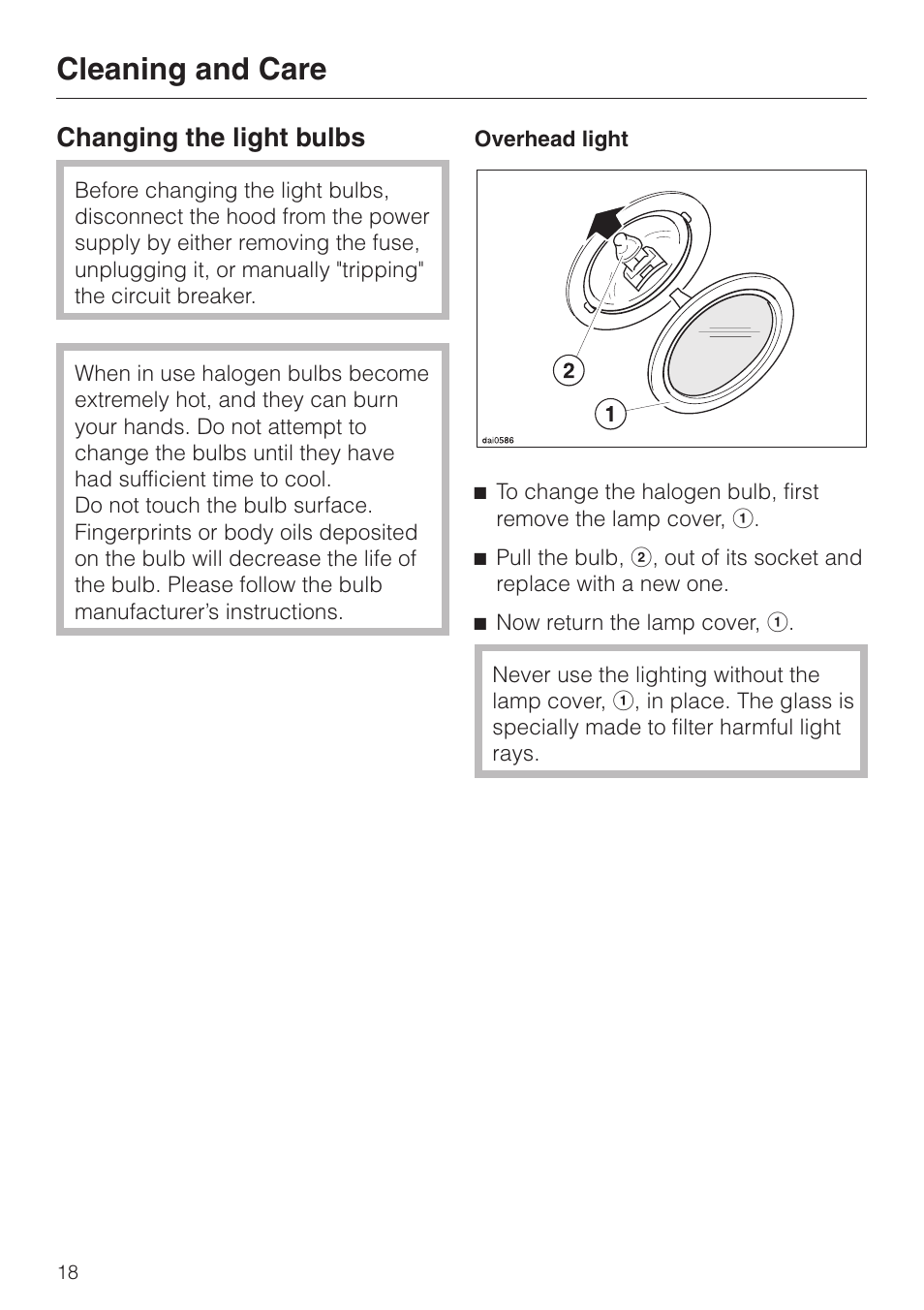 Changing the light bulbs 18, Cleaning and care, Changing the light bulbs | Miele DA251-4 User Manual | Page 18 / 36