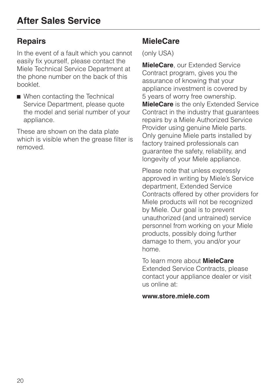 After sales service 20, After sales service, Repairs | Mielecare | Miele DA251-4 User Manual | Page 20 / 36
