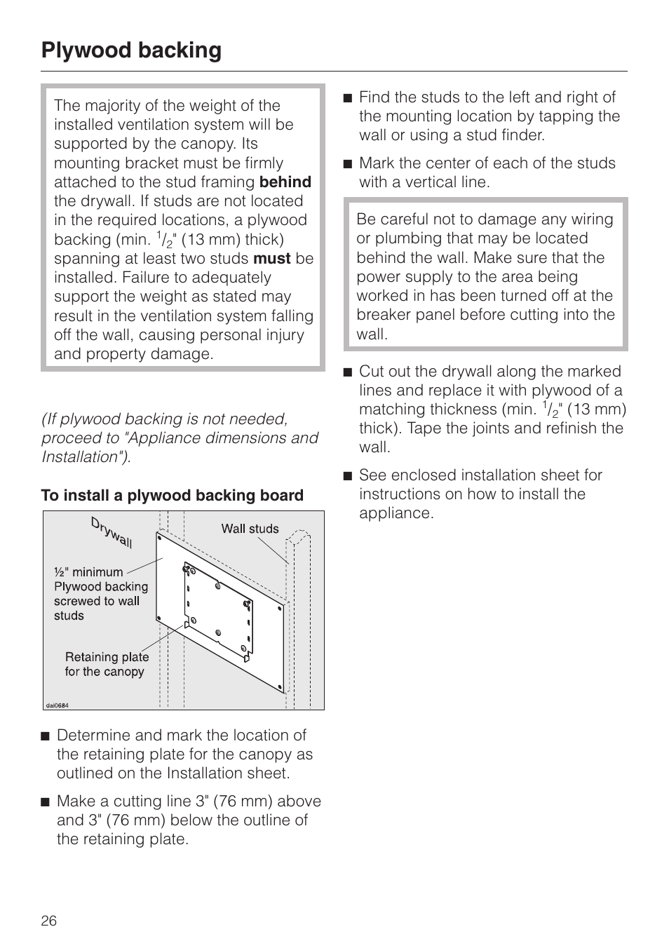 Plywood backing 26, Plywood backing | Miele DA251-4 User Manual | Page 26 / 36