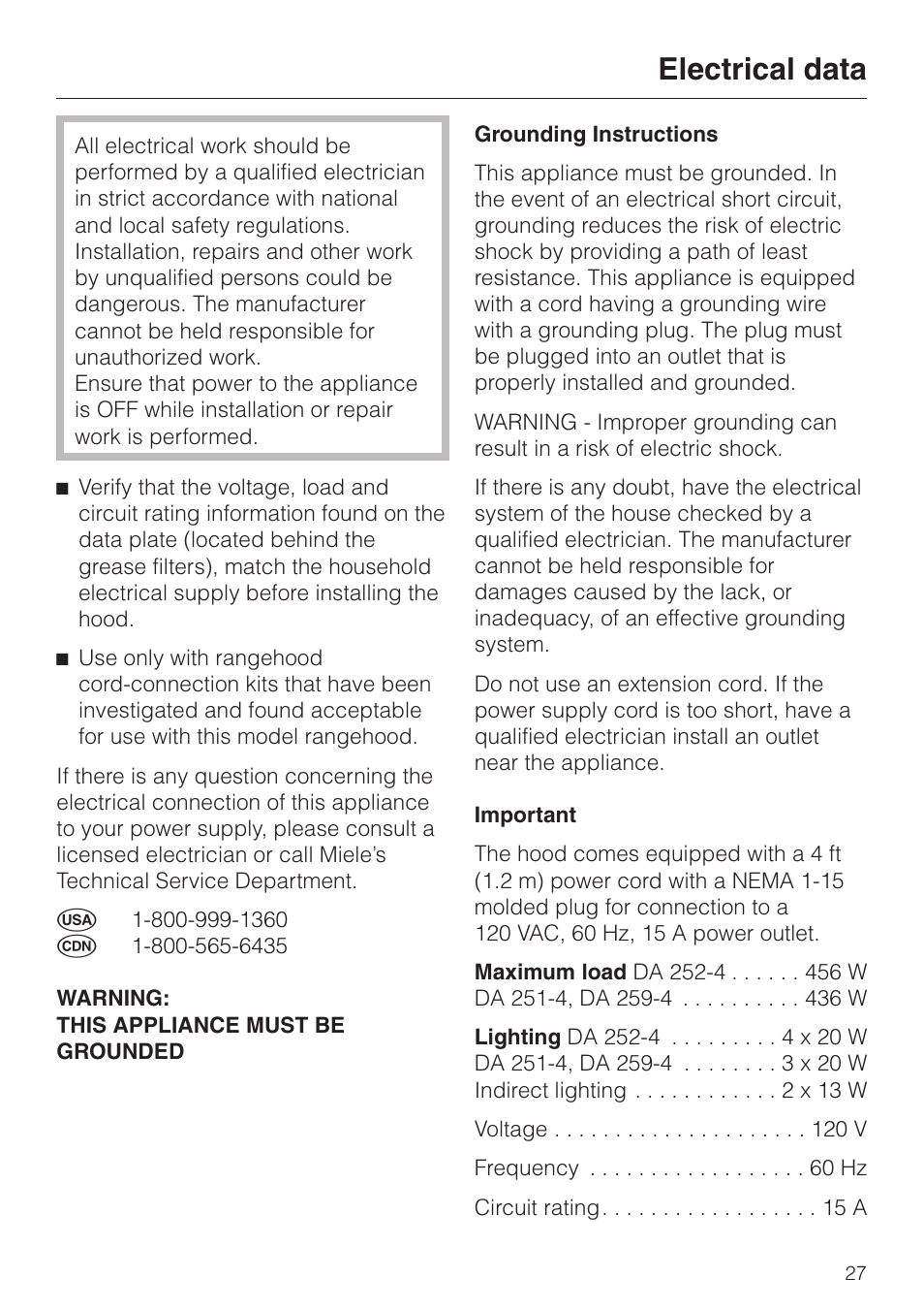 Electrical data 27, Electrical data | Miele DA251-4 User Manual | Page 27 / 36