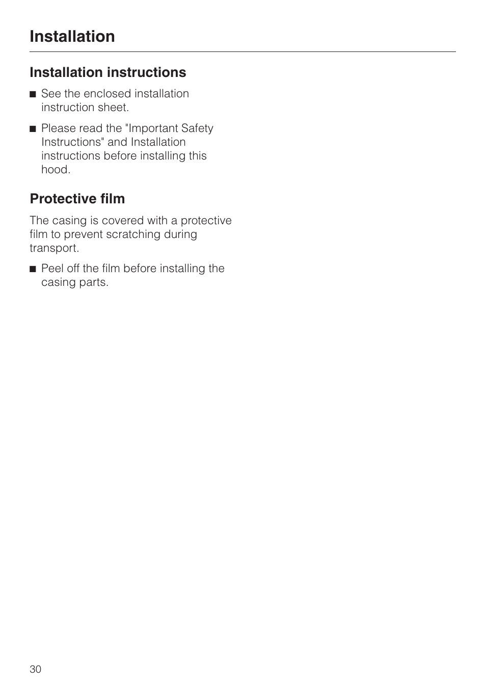 Installation 30, Installation instructions 30, Installation | Installation instructions, Protective film | Miele DA251-4 User Manual | Page 30 / 36