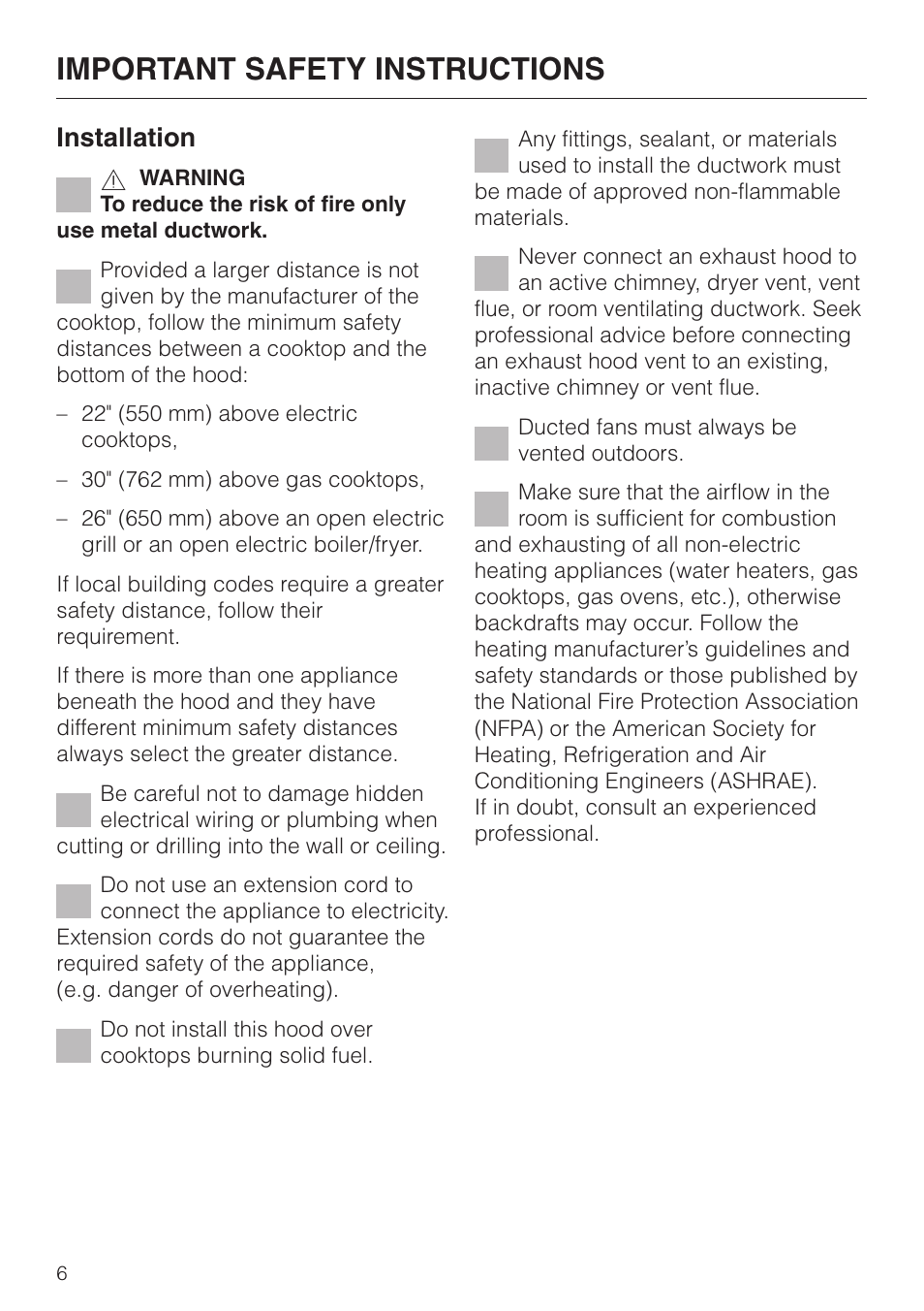 Important safety instructions, Installation | Miele DA251-4 User Manual | Page 6 / 36