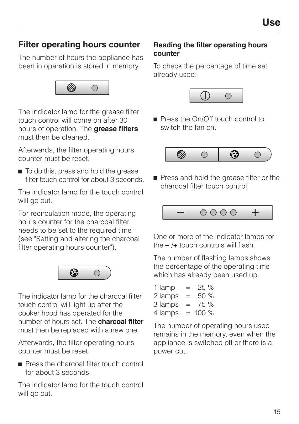 Filter operating hours counter 15, Filter operating hours counter | Miele DA 424 V EXT User Manual | Page 15 / 36
