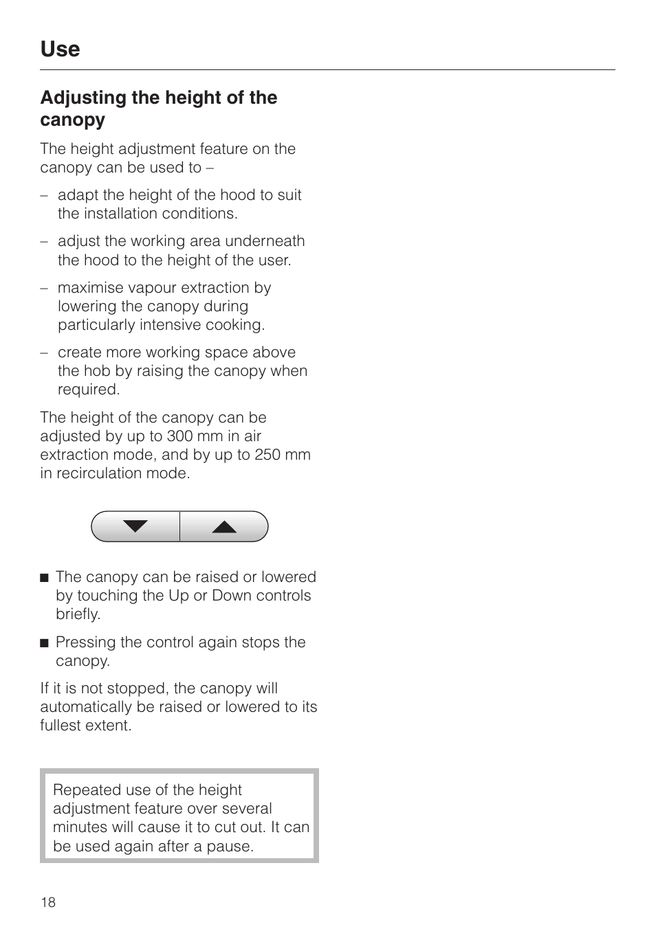 Adjusting the height of the canopy 18, Adjusting the height of the canopy | Miele DA 424 V EXT User Manual | Page 18 / 36