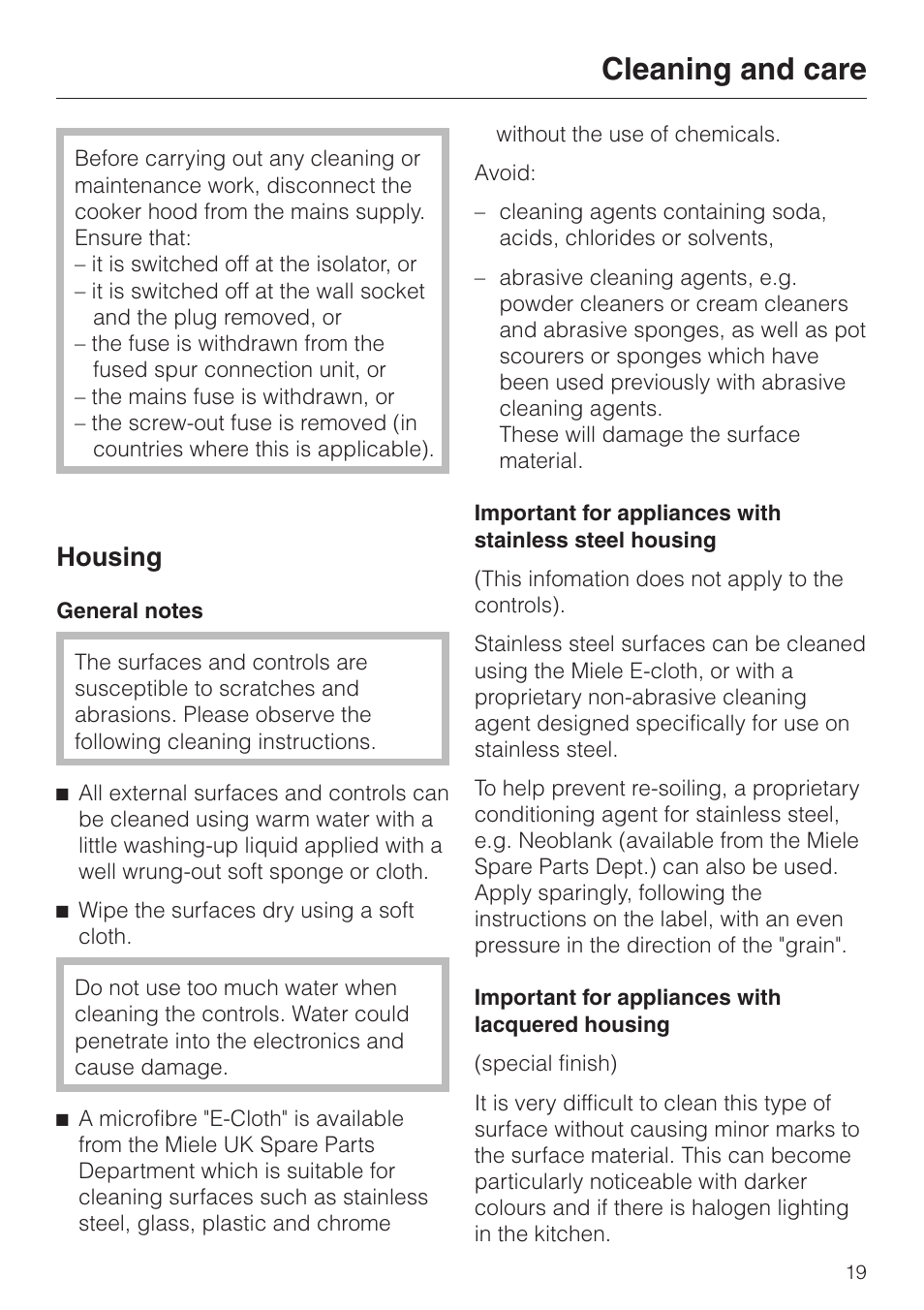 Cleaning and care 19, Housing 19, Cleaning and care | Housing | Miele DA 424 V EXT User Manual | Page 19 / 36