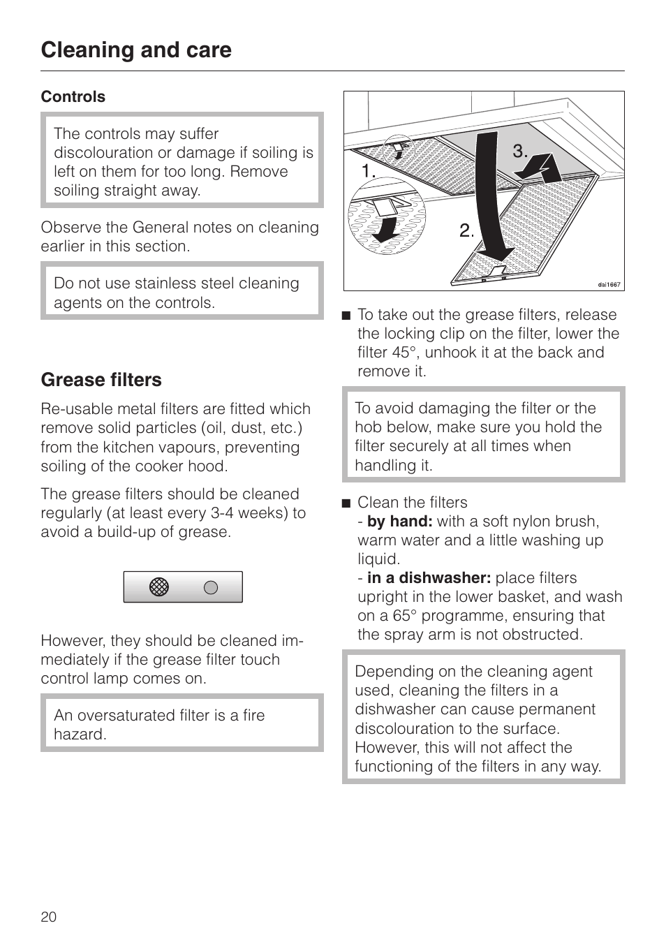 Grease filters 20, Grease filters, Cleaning and care | Miele DA 424 V EXT User Manual | Page 20 / 36