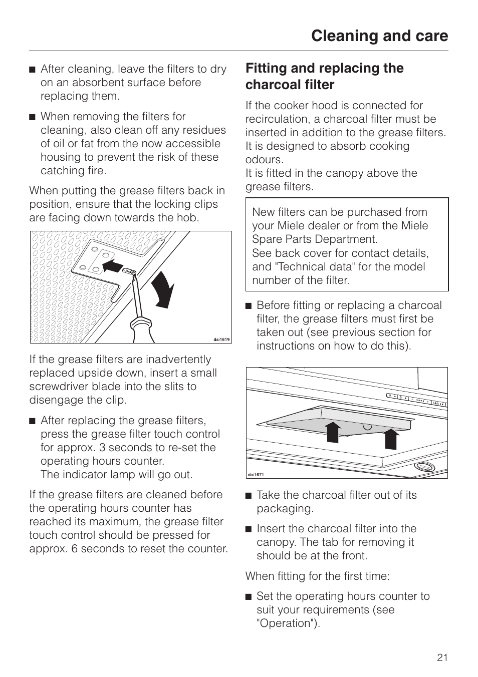 Fitting and replacing the charcoal filter 21, Fitting and replacing the charcoal filter, Cleaning and care | Miele DA 424 V EXT User Manual | Page 21 / 36