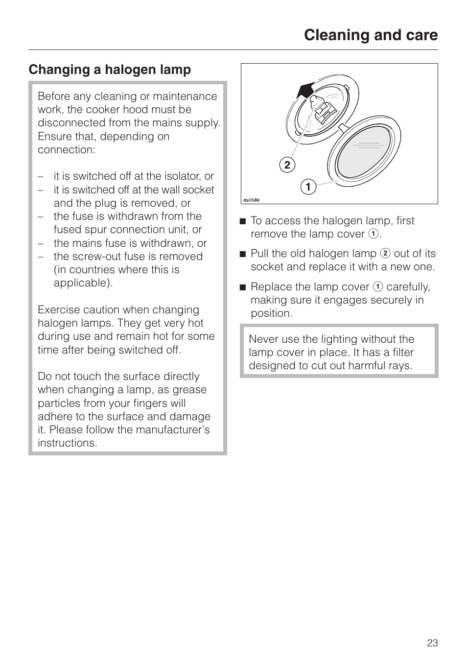 Changing a halogen lamp 23, Changing a halogen lamp, Cleaning and care | Miele DA 424 V EXT User Manual | Page 23 / 36