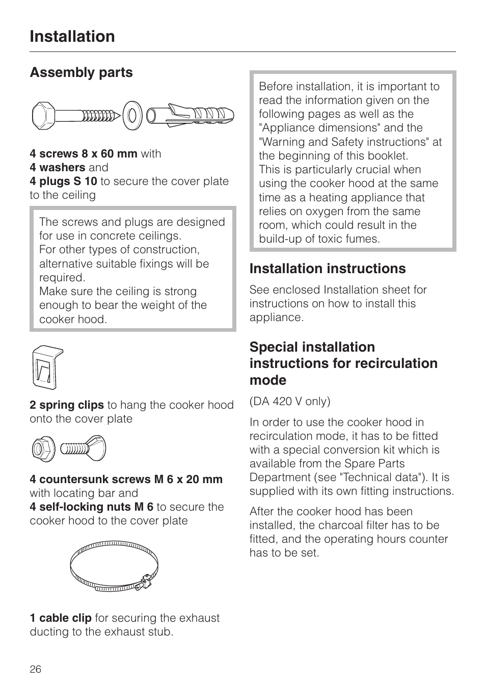 Installation 26, Assembly parts 26, Installation instructions 26 | Installation, Assembly parts, Installation instructions | Miele DA 424 V EXT User Manual | Page 26 / 36