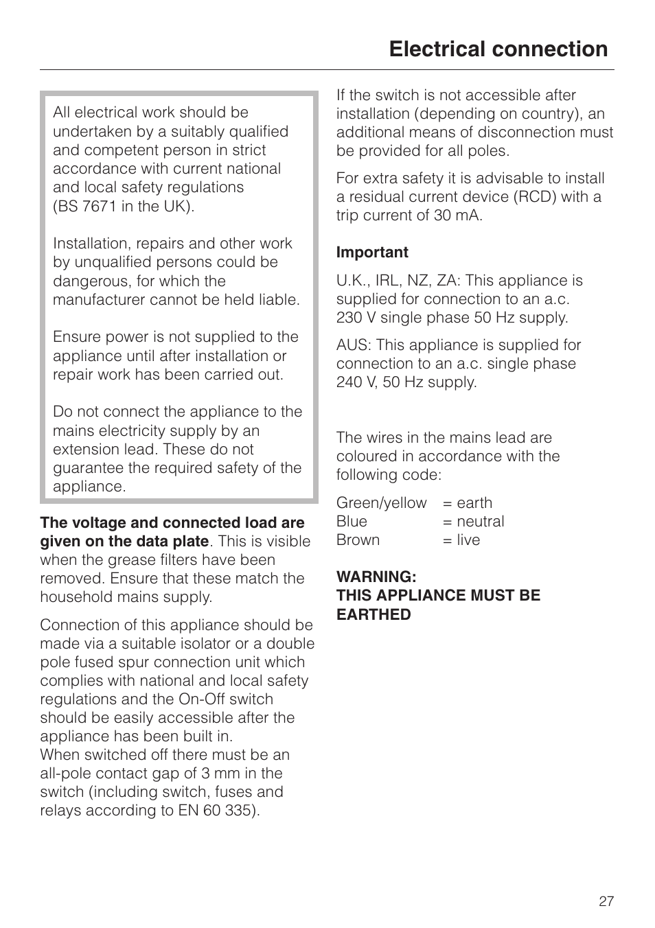 Electrical connection 27, Electrical connection | Miele DA 424 V EXT User Manual | Page 27 / 36