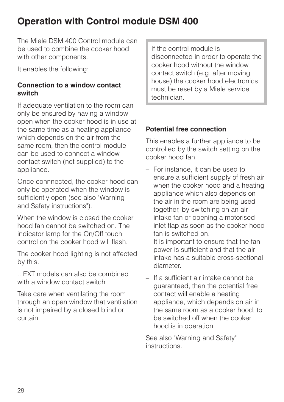 Operation with control module dsm 400 28, Connection to a window contact switch 28, Potential free connection 28 | Operation with control module dsm 400 | Miele DA 424 V EXT User Manual | Page 28 / 36
