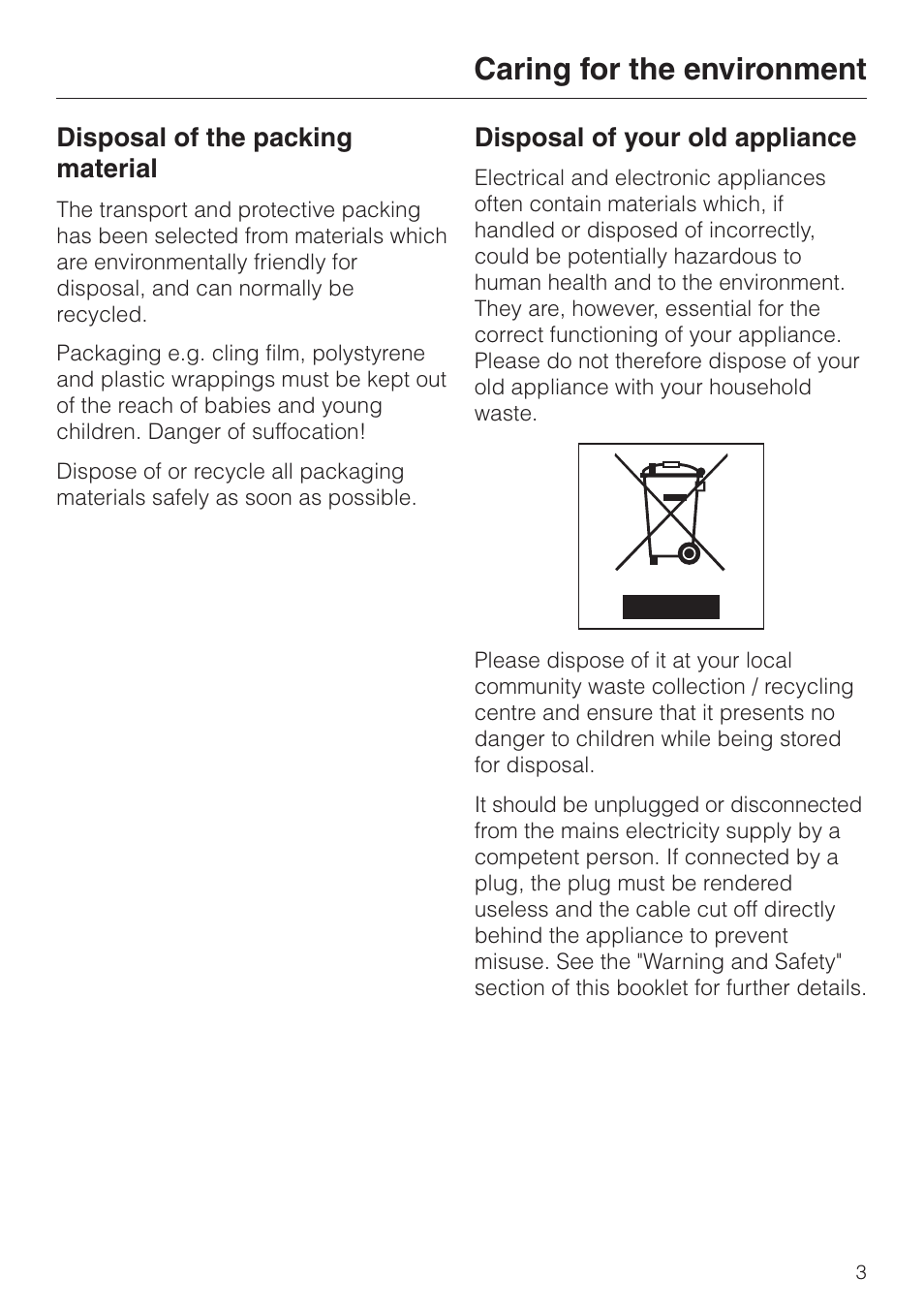 Caring for the environment 3, Caring for the environment | Miele DA 424 V EXT User Manual | Page 3 / 36