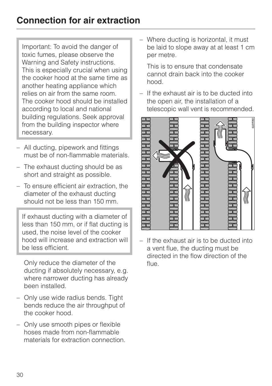 Connection for air extraction 30, Connection for air extraction | Miele DA 424 V EXT User Manual | Page 30 / 36
