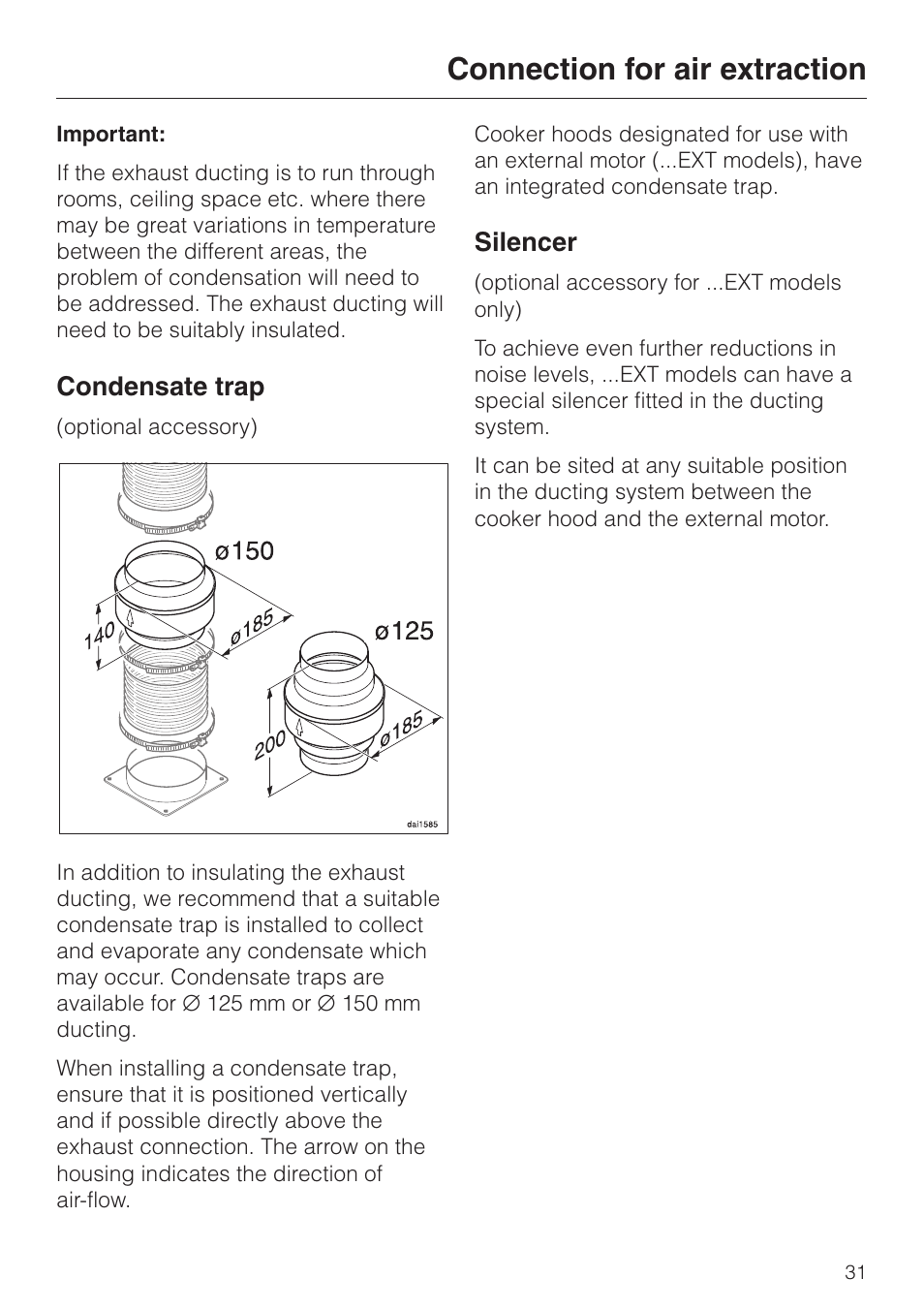 Condensate trap 31, Silencer 31, Condensate trap silencer | Connection for air extraction, Condensate trap, Silencer | Miele DA 424 V EXT User Manual | Page 31 / 36