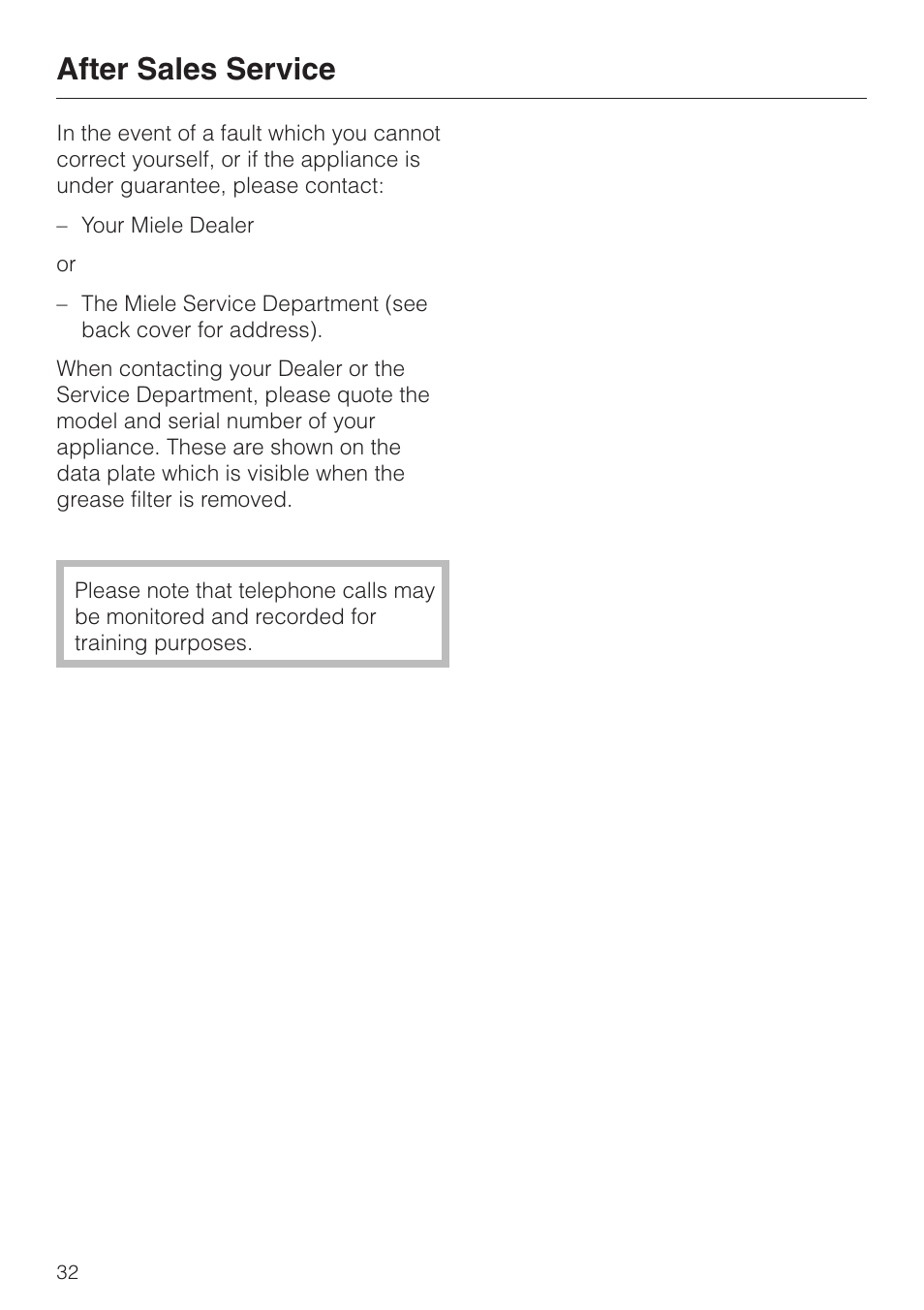 After sales service 32, After sales service | Miele DA 424 V EXT User Manual | Page 32 / 36