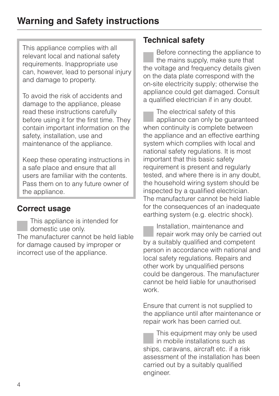 Warning and safety instructions 4, Warning and safety instructions, Correct usage | Technical safety | Miele DA 424 V EXT User Manual | Page 4 / 36