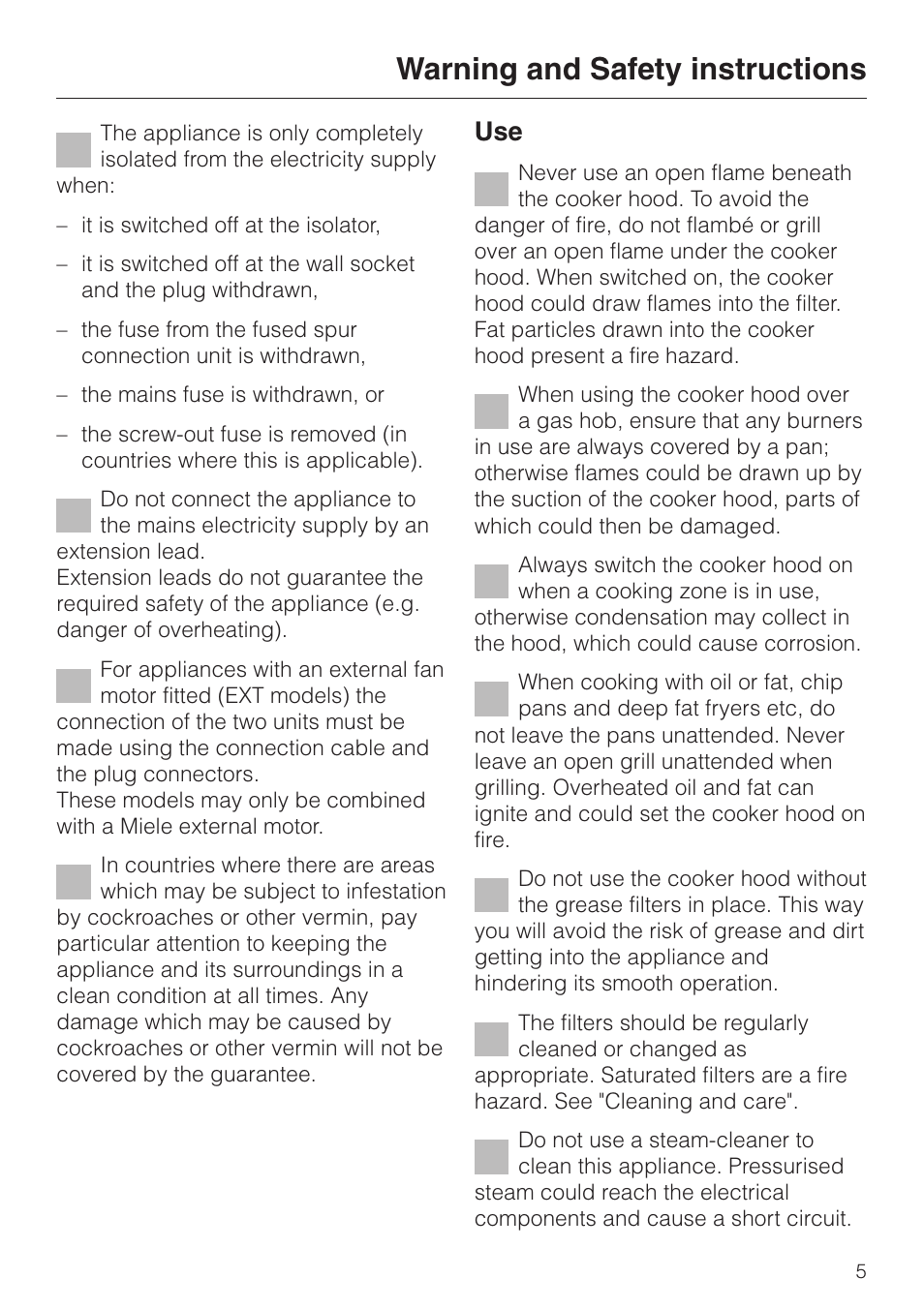 Warning and safety instructions | Miele DA 424 V EXT User Manual | Page 5 / 36