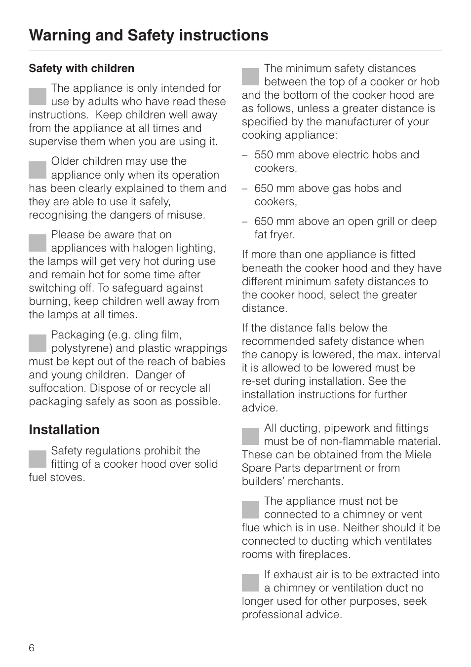 Warning and safety instructions, Installation | Miele DA 424 V EXT User Manual | Page 6 / 36