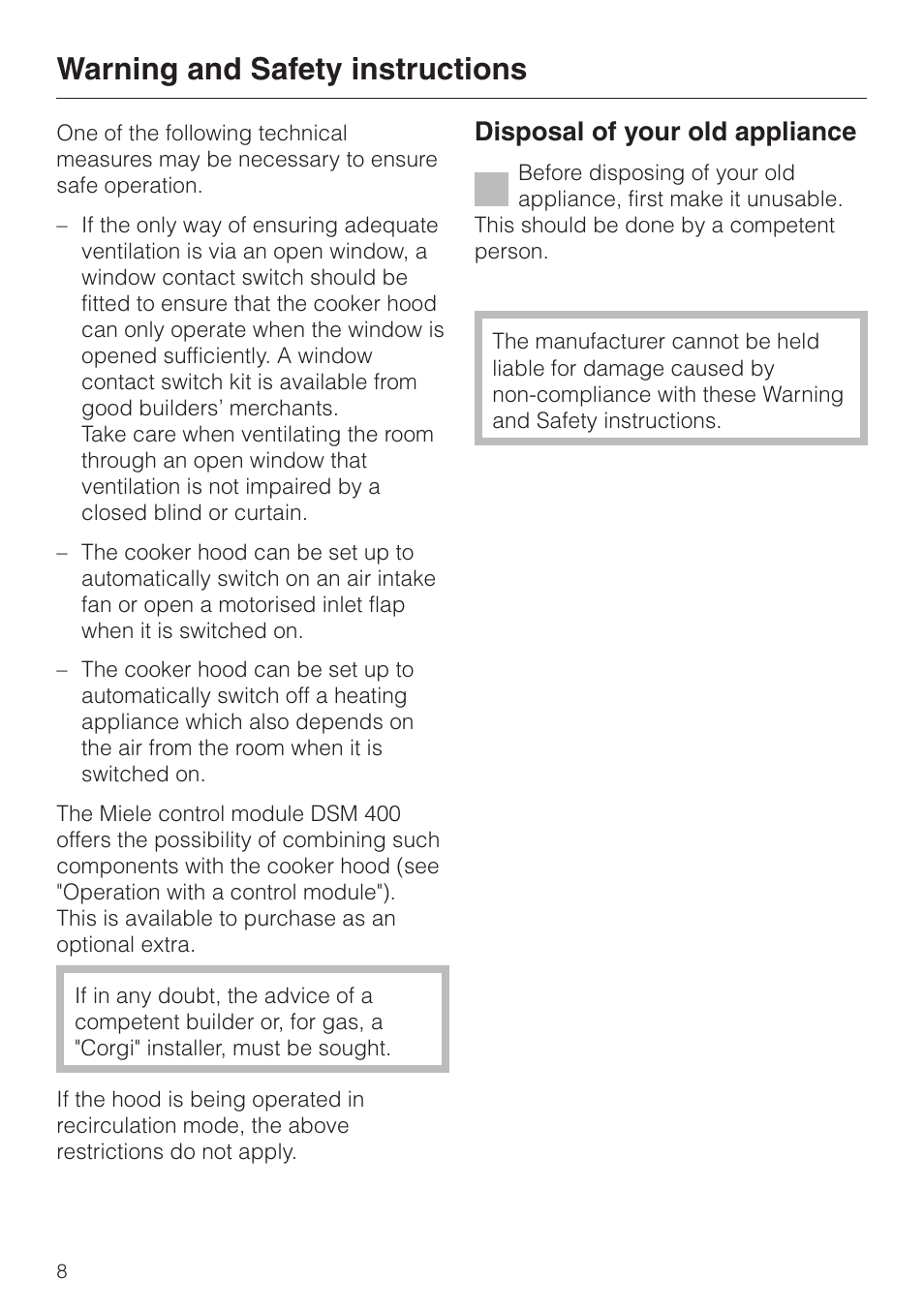 Warning and safety instructions, Disposal of your old appliance | Miele DA 424 V EXT User Manual | Page 8 / 36