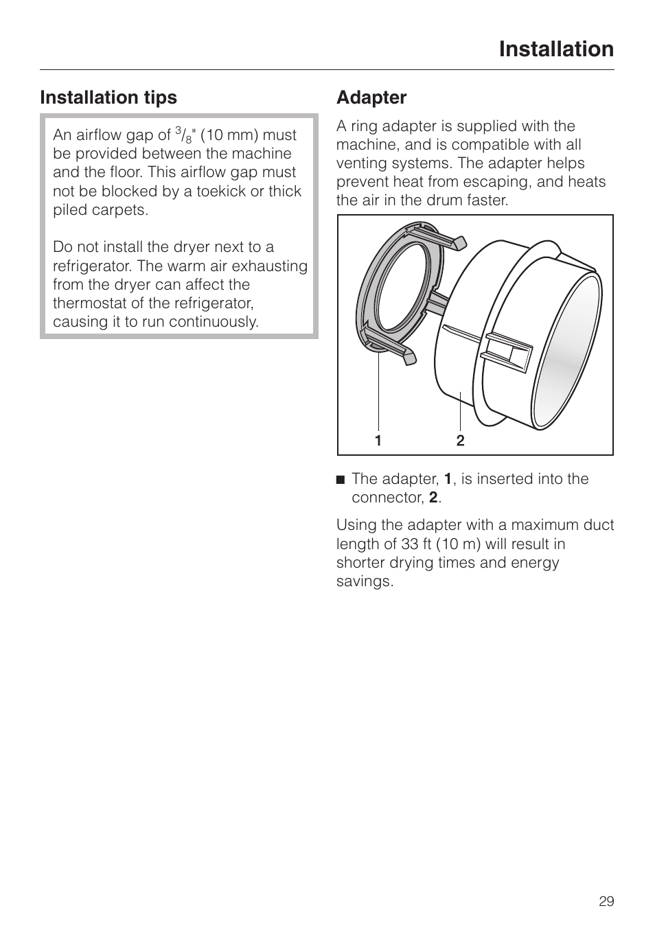 Installation tips 29, Adapter 29, Installation tips adapter | Installation, Installation tips, Adapter | Miele T 1313 User Manual | Page 33 / 40
